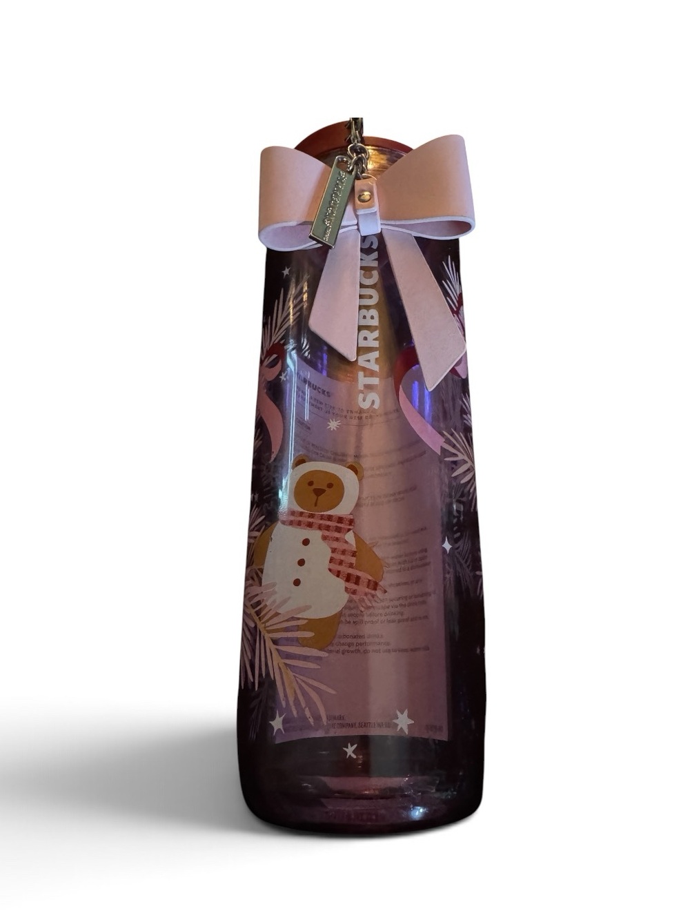 Starbucks Pink Insulated Water Tea Iced Coffee Bottle with Bear and Bow Charm